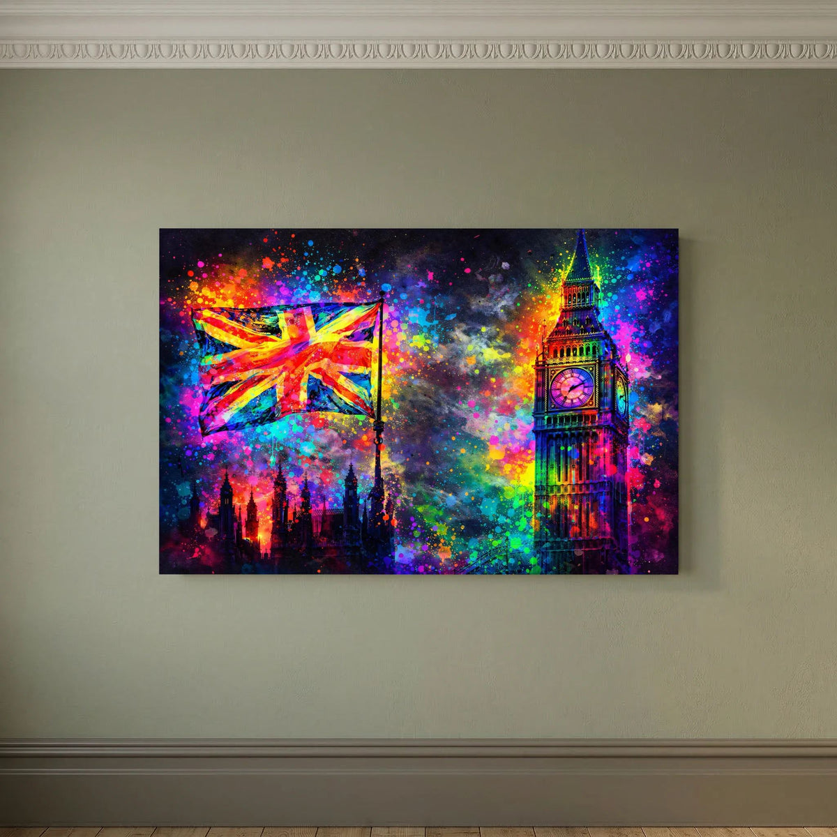Pop-Art-Wandbild im Querformat: Union Jack links, Big Ben rechts, farbige Sprenkeloptik