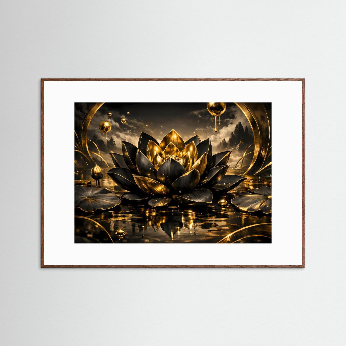 Gerahmtes Wandbild mit Lotusblüte in Gold und Schwarz, brauner Holzrahmen