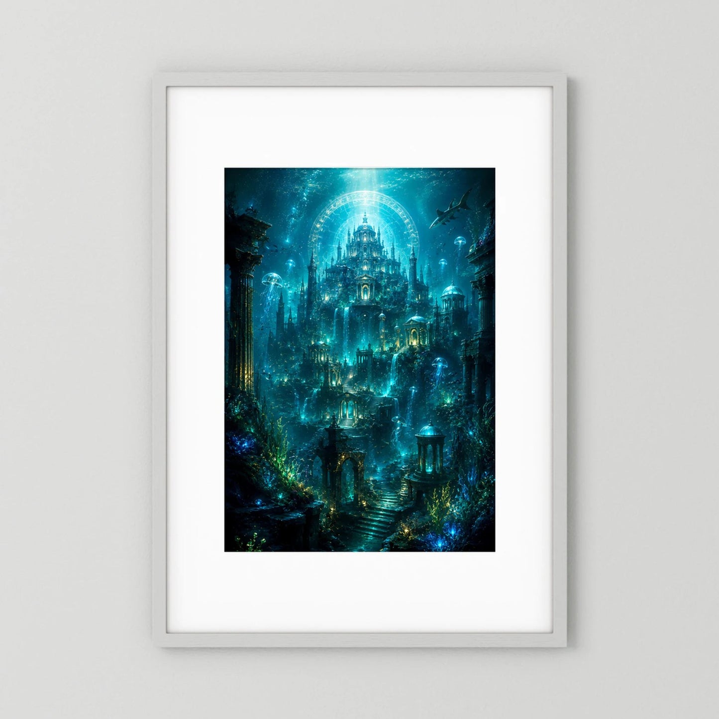 Unterwasserstadt-Poster im Hochformat mit versunkenem Tempel und leuchtenden Strukturen