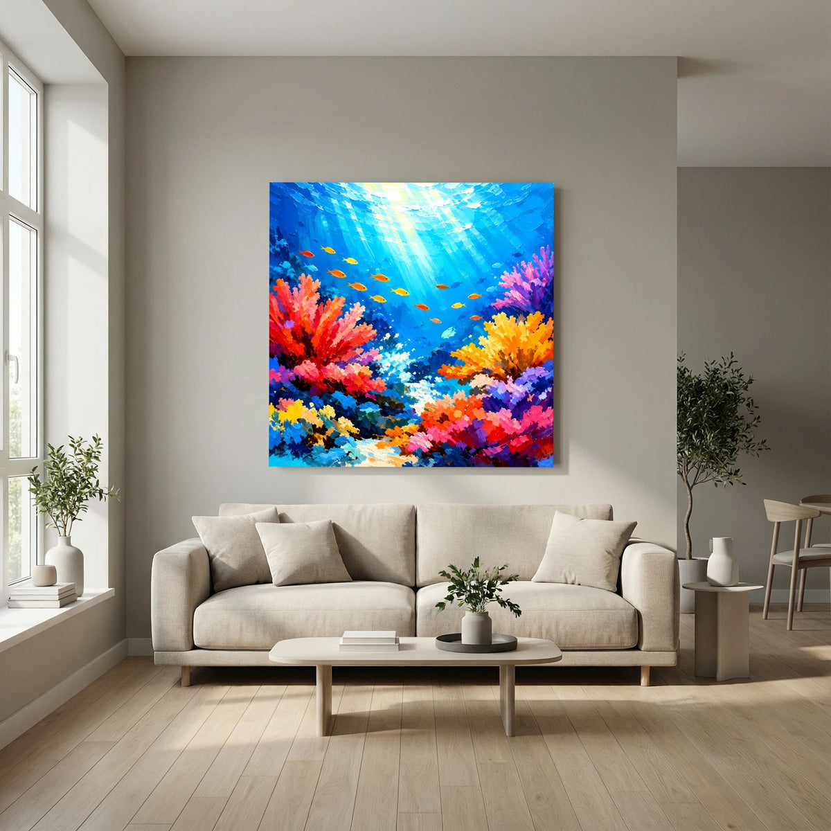 Quadratisches Unterwasser-Wandbild mit bunten Korallen, Fischen und türkisfarbenem Licht