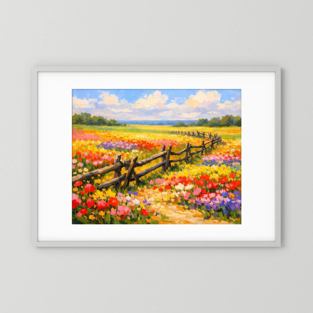 Wandbild-Poster mit Sommerwiese voller Blumen und Holzzaun im Querformat, weißer Rahmen