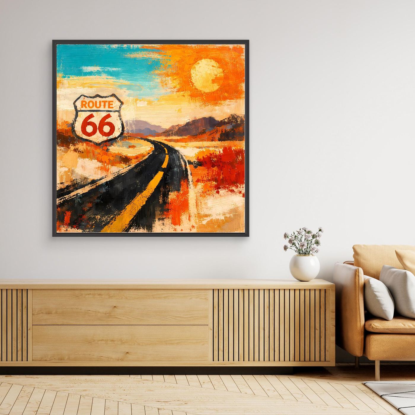 Abstraktes Leinwand-Wandbild mit Route-66-Straße, Orange-Blau und Rahmen in Schwarz