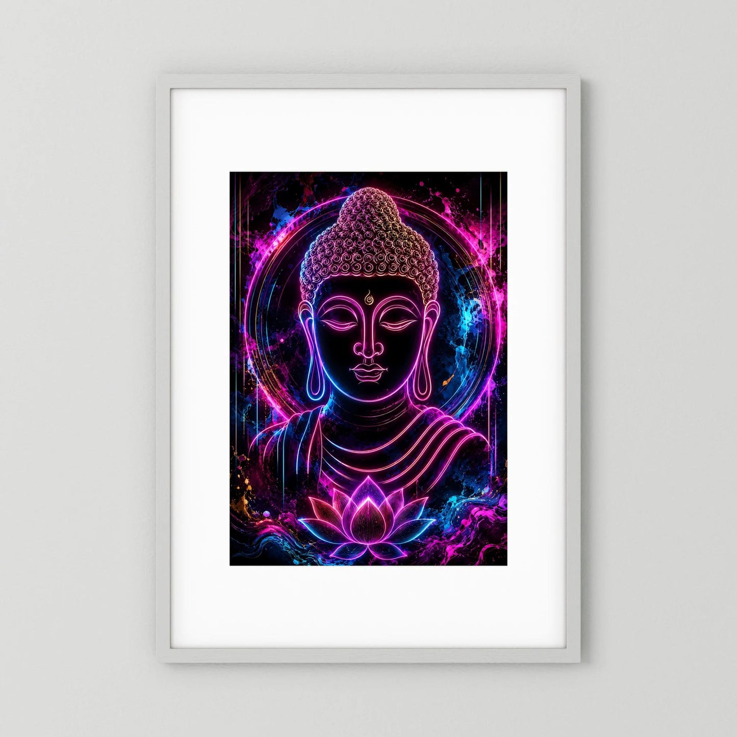 Gerahmtes Neon-Buddha-Poster mit Lotus, lila-pink & blau, Hochformat
