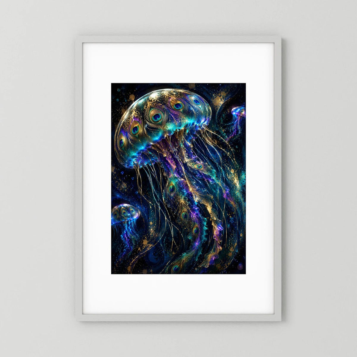Gerahmtes Hochformat-Poster mit leuchtender Qualle in Blau und Gold
