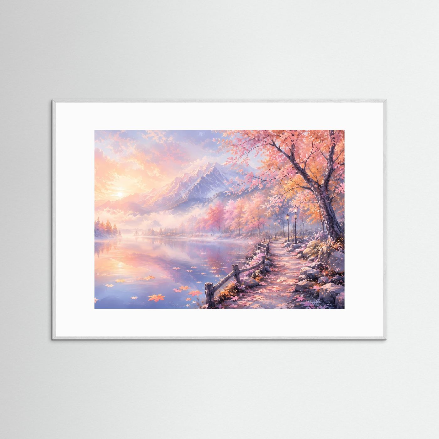 Pastell Alpen am Spiegelsee | Romantisches Berglandschaft Panorama Poster Querformat in Rosa & Gold