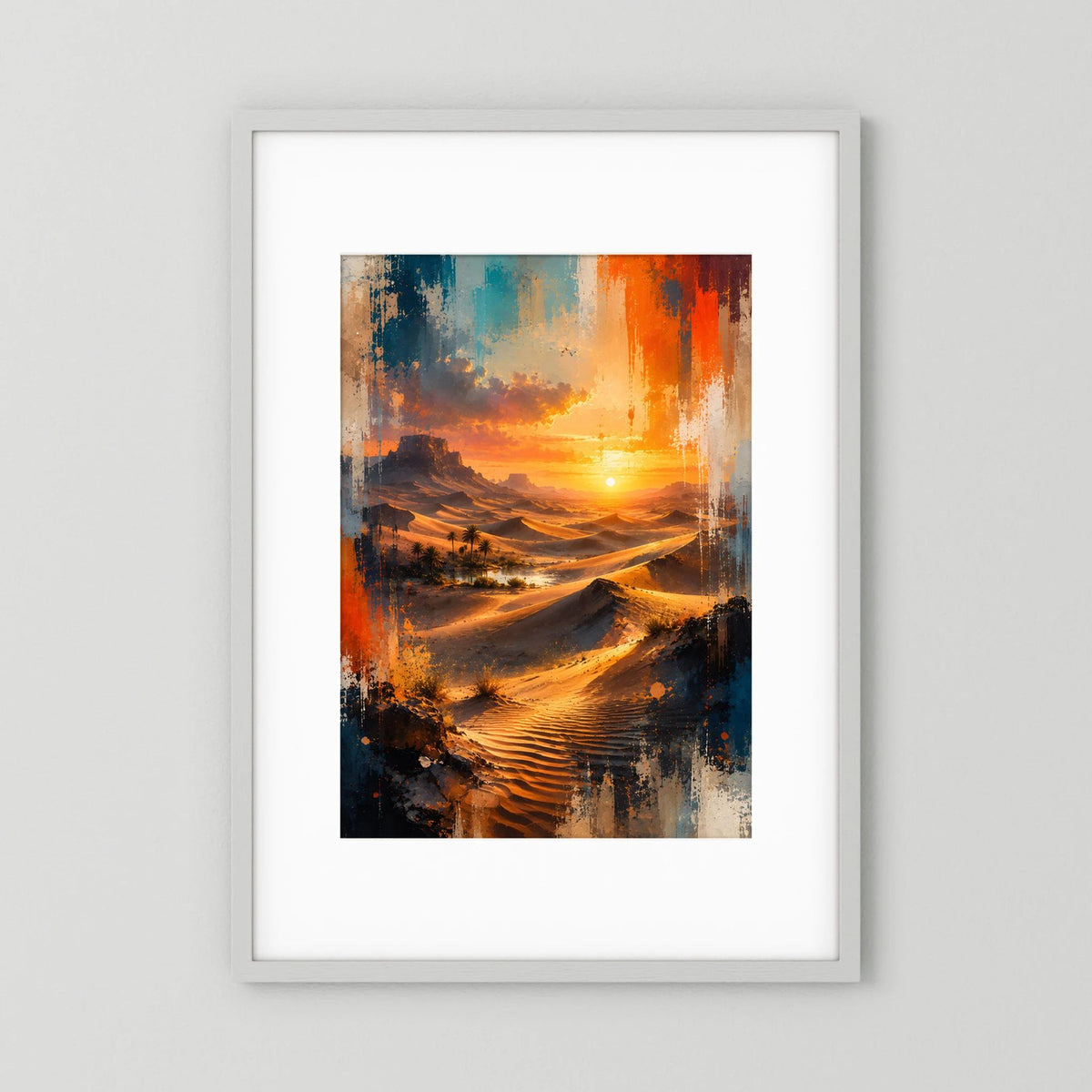 Hochformat-Poster mit abstrakter Wüstenlandschaft im Orange-Blau-Look