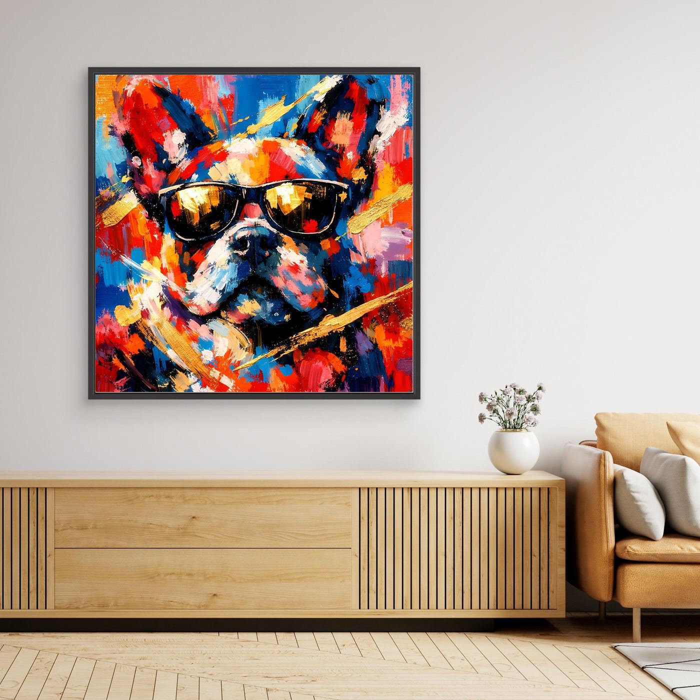 Gerahmtes Leinwandbild mit schwarzem Rahmen: abstrakte Französische Bulldogge mit Sonnenbrille