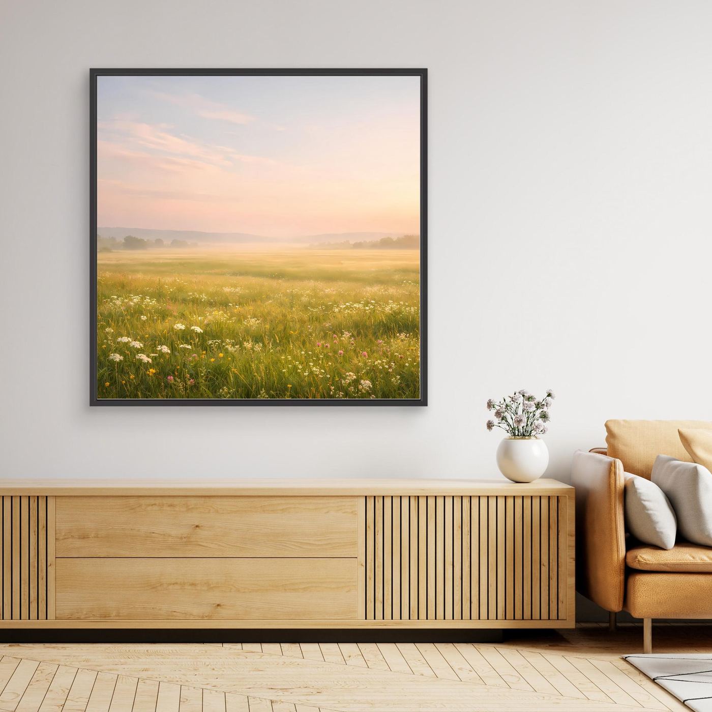 Leinwandbild im schwarzen Rahmen: Blumenwiese mit Wildblumen und Dunst am Morgen