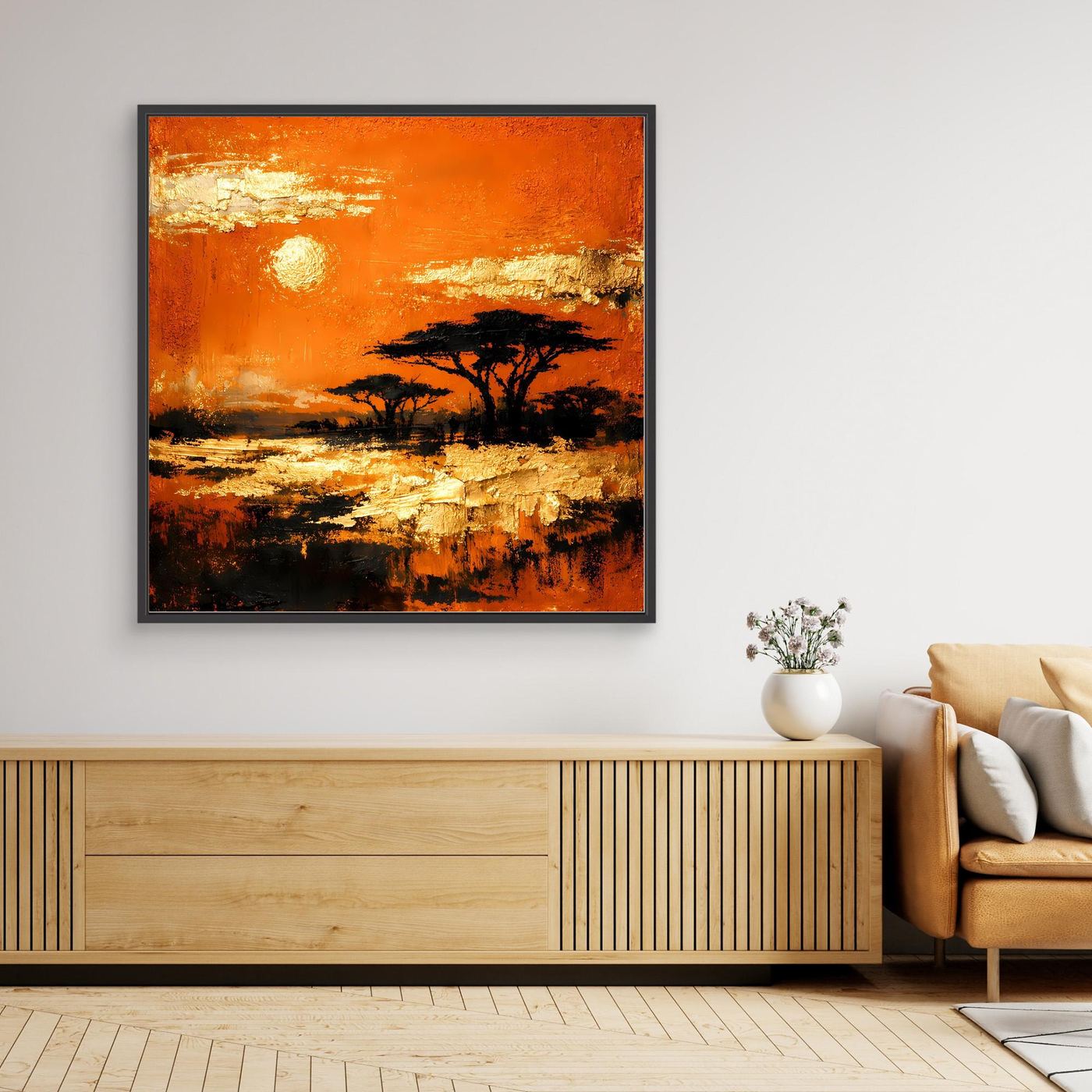 Leinwand Abstraktes Savannen-Panorama | Modernes Afrika Wandbild in Orange und Goldblättern