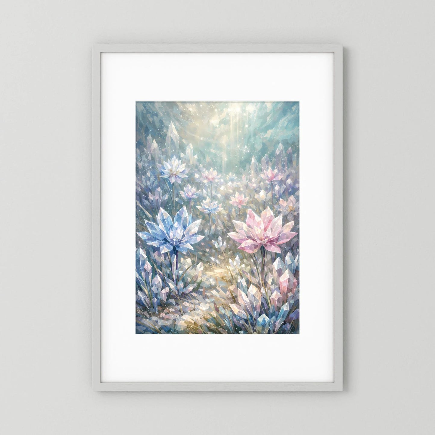 Poster im Hochformat mit pastelligen Kristallblumen in Rosa, Blau und Perlmutt