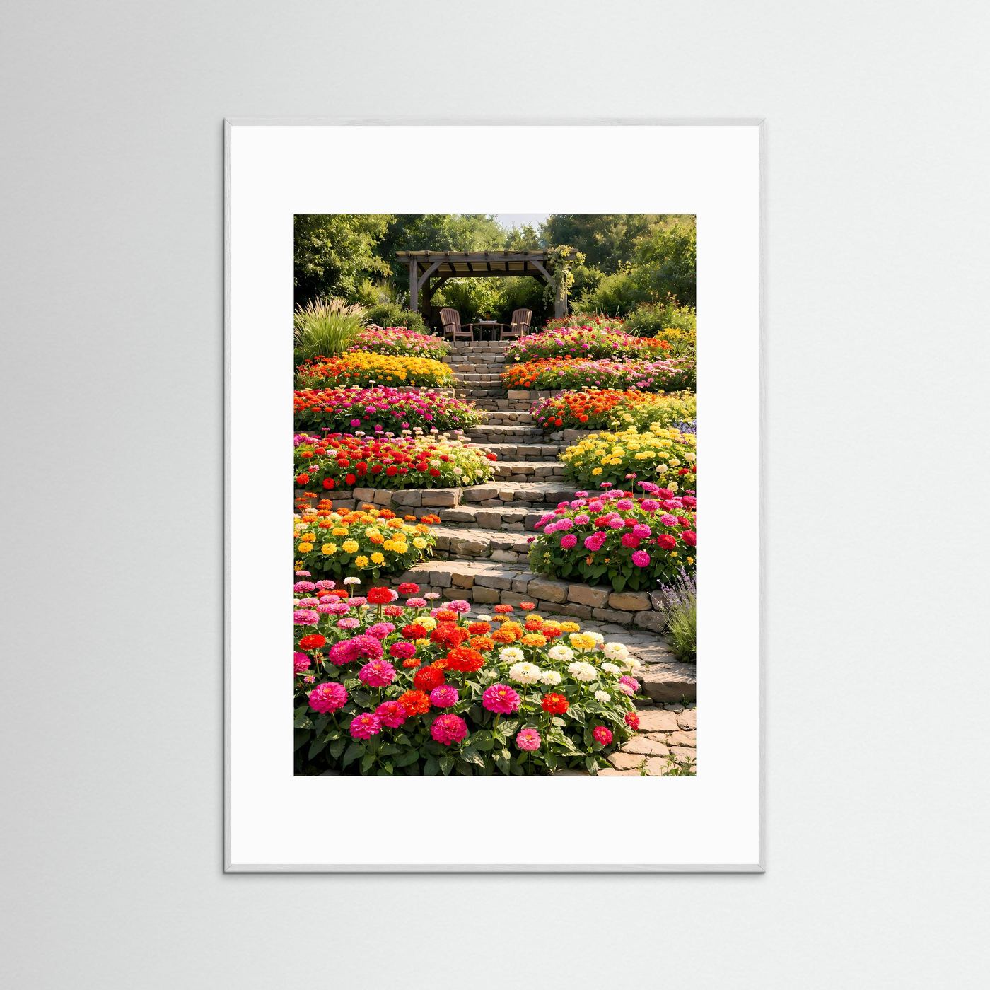 Hochformatiges Garten-Poster mit Blumenbeeten, Steintreppen und Pergola, weißer Rahmen