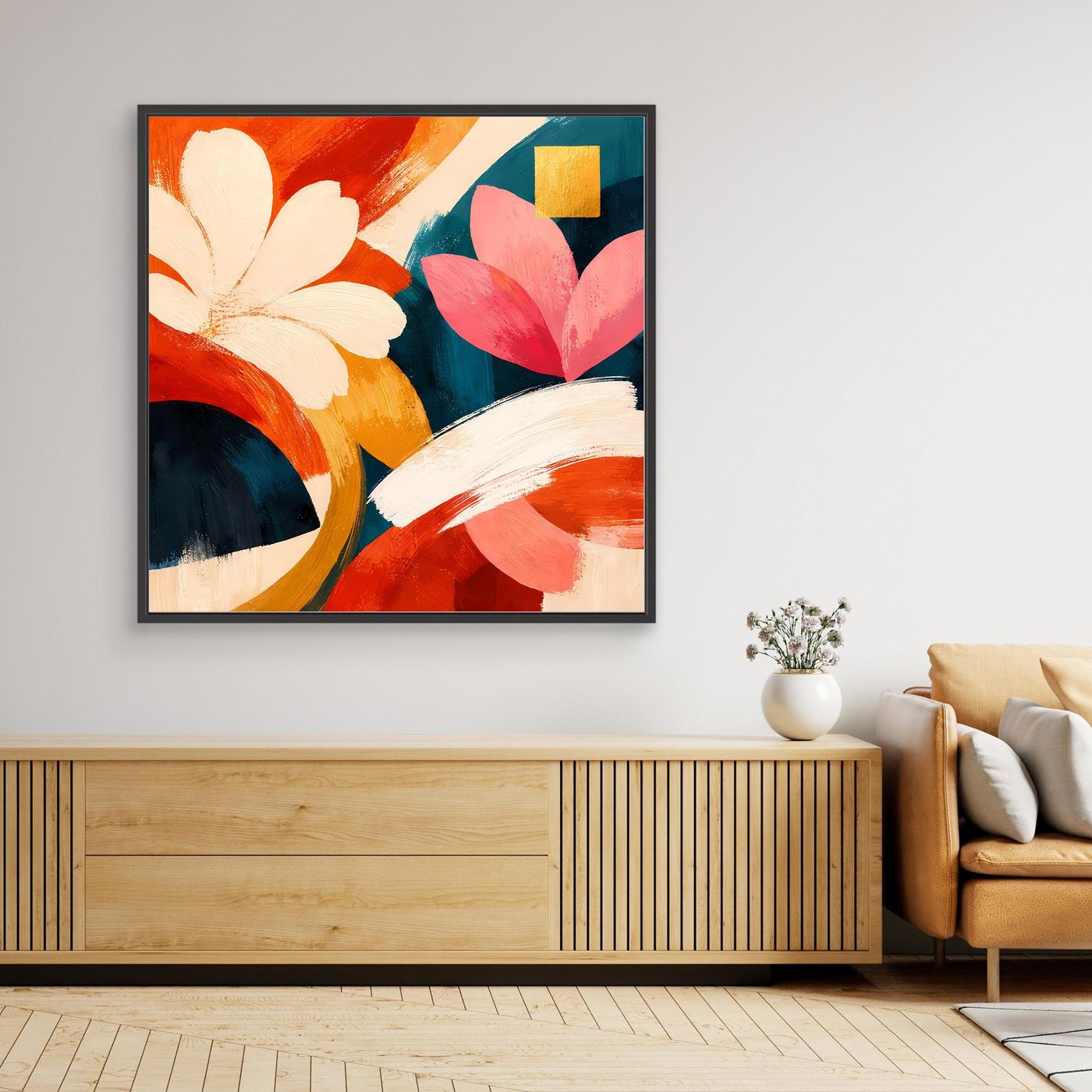 Leinwand-Wandbild mit abstrakten Blüten im schwarzen Rahmen, Rot, Pink, Petrol und Gold-Akzent