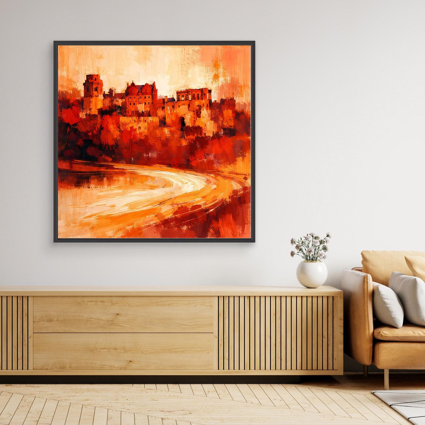 Leinwand Heidelberger Schloss im Abendlicht | Abstraktes Rot‑Ocker Wandbild mit Struktur und Tiefe