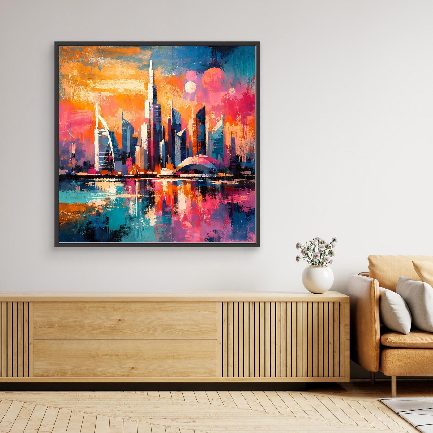 Buntes abstraktes Stadtpanorama bei Nacht, Skyline mit Hochhäusern, schwarzer Rahmen