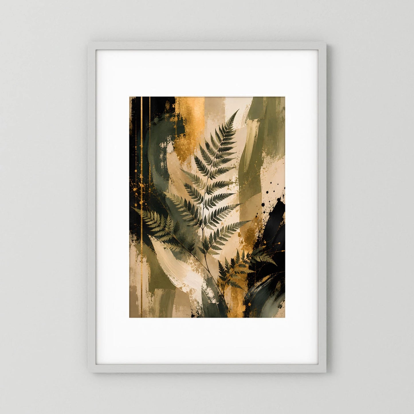 Gerahmtes Kunstposter mit abstrakten Farnblättern in Grün und Gold, Hochformat.