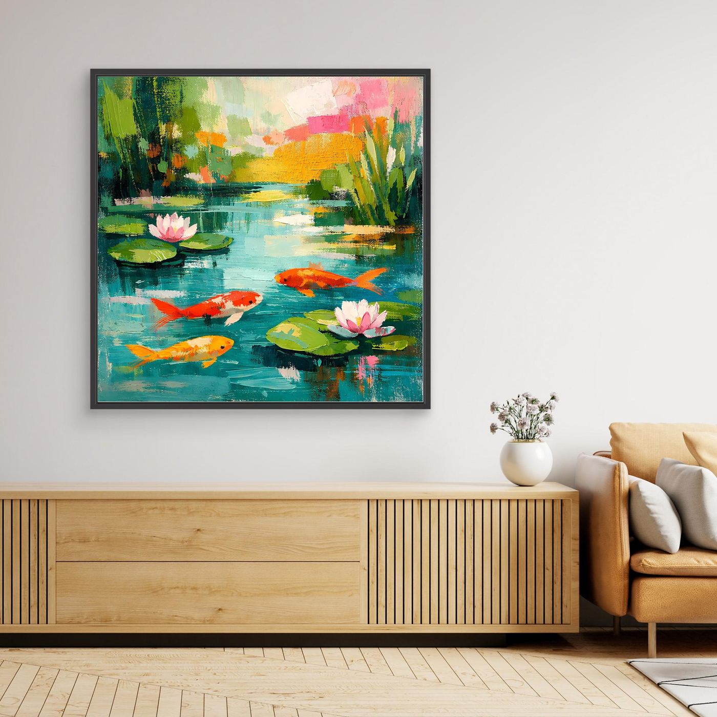 Framed abstract koi pond wall art with koi fish and water lilies, black frame