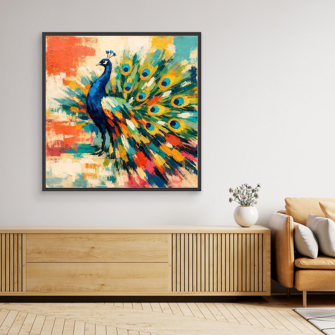Peacock abstract canvas wall art with wood-tone frame, vibrant feather fan