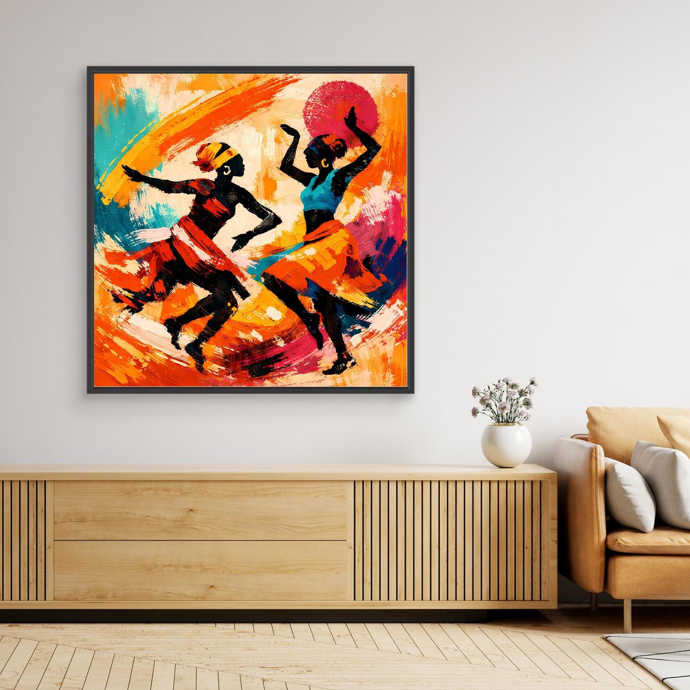 Leinwand Tanzende Afrikanerinnen im Sonnenuntergang | Abstraktes Ethno Pop Art Wandbild