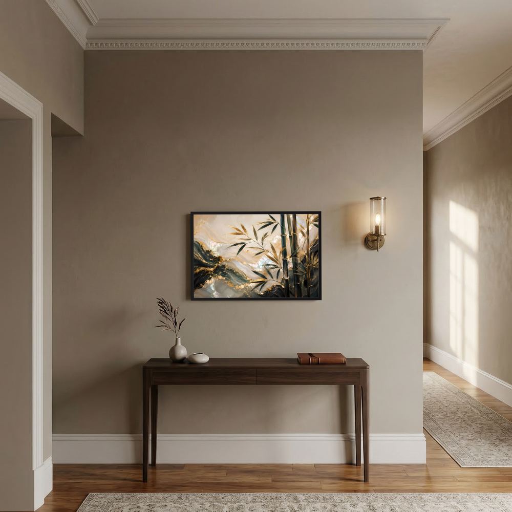 Gerahmtes Poster, abstrakte Bambuskunst in Gold und dunkelgrün