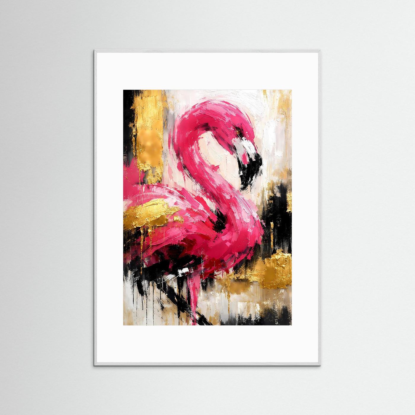 Abstraktes Flamingo-Poster, rosa Flamingo im Hochformat, mit weißer Einrahmung
