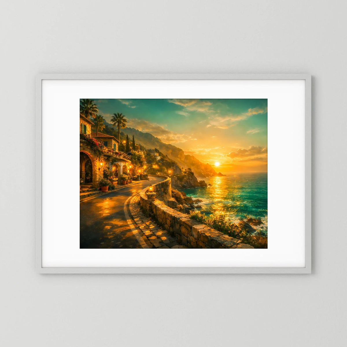 Wandbild mit weißem Rahmen: Küstenstraße am goldenen Sonnenuntergang, Querformat