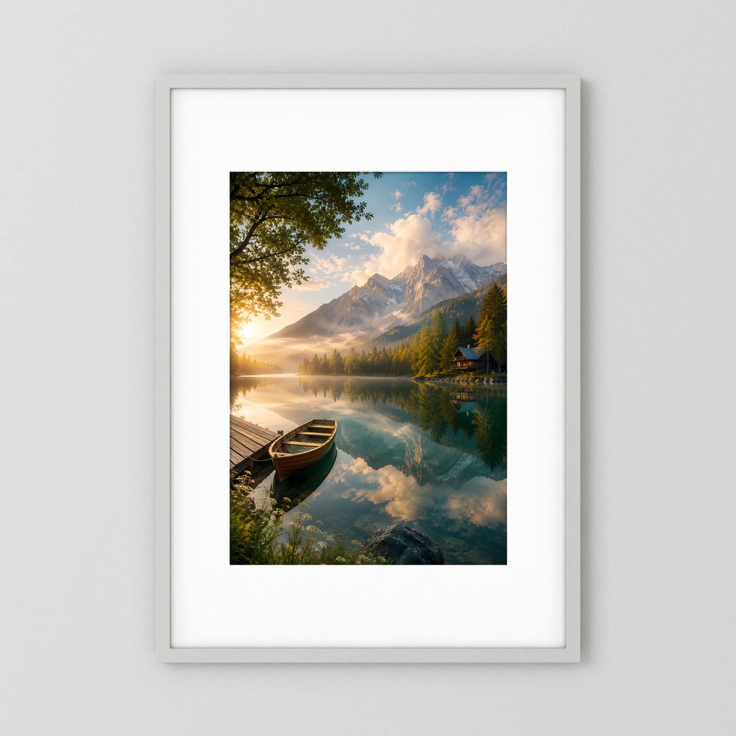 Gerahmtes Kunstposter im Hochformat mit Holzboot an ruhigem Bergsee und Bergpanorama