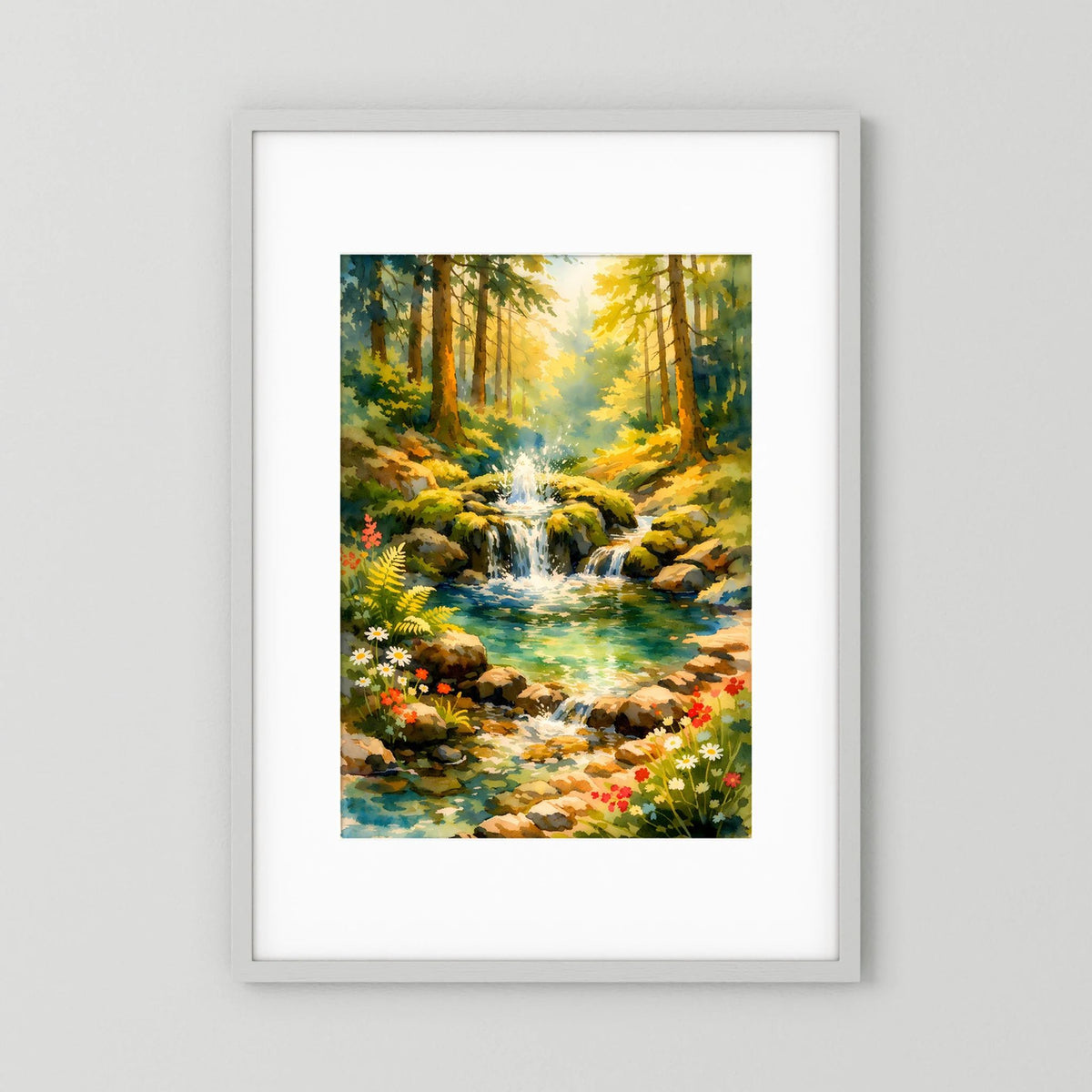 Waldposter mit Bachlauf und Blumen im Hochformat, im weißen Rahmen