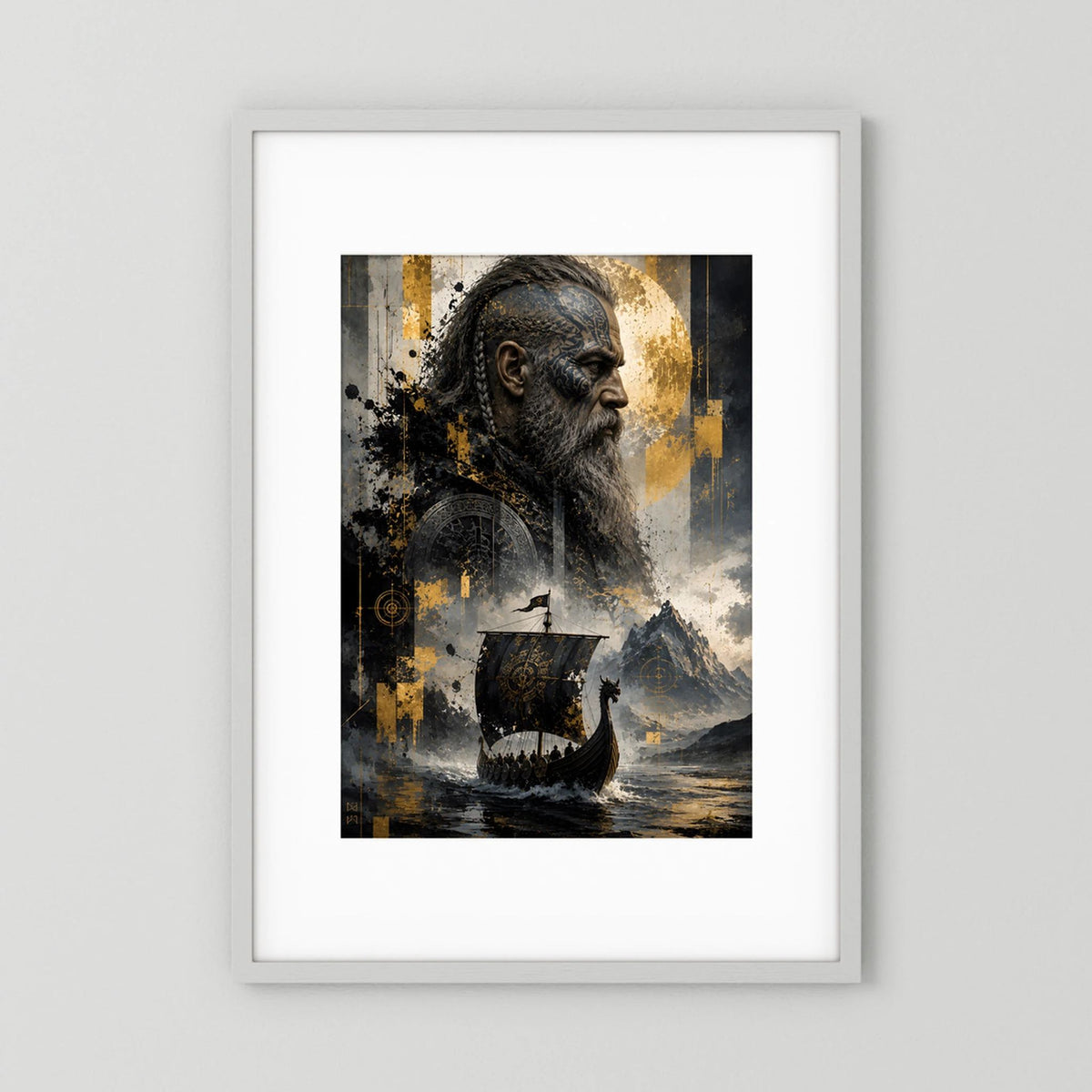 Schwarz-goldenes Hochformat-Kunstposter mit Wikingerkrieger und Langschiff-Porträt
