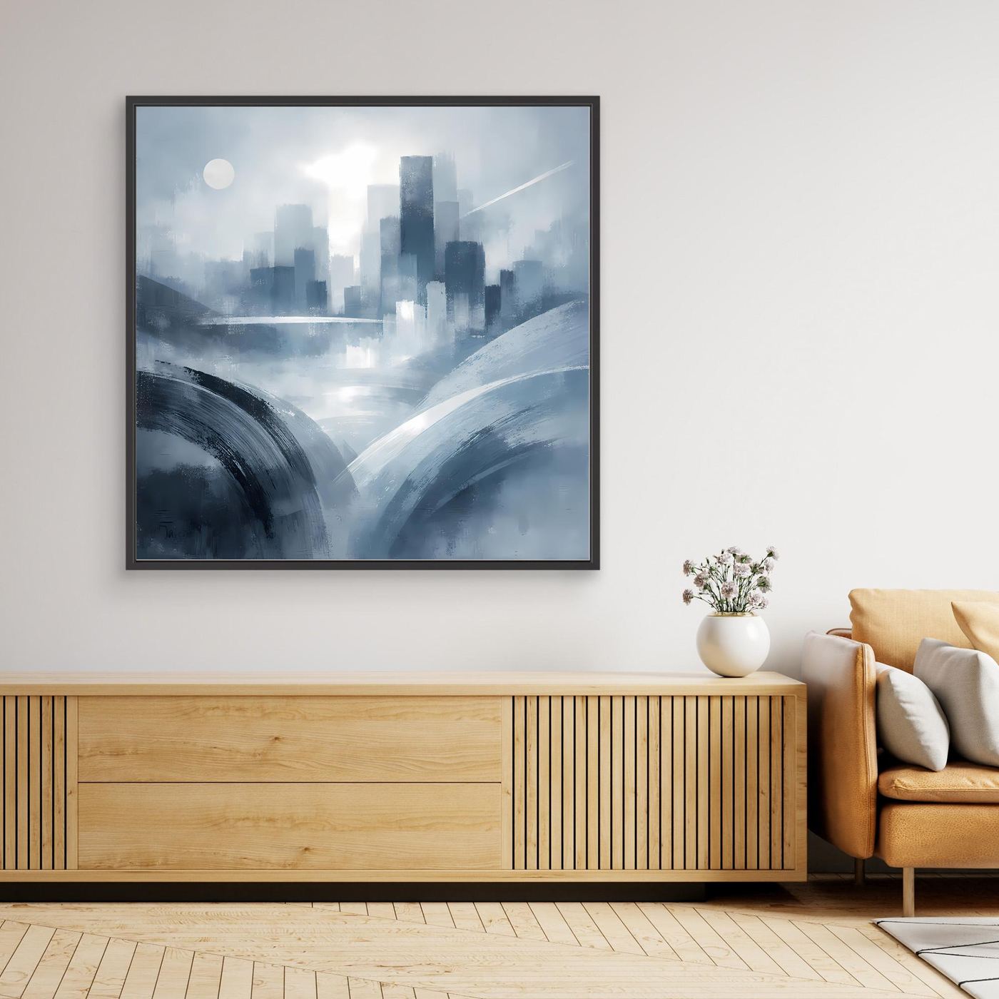 Leinwandbild Skyline im Futuristik-Stil mit schwarzem Rahmen, abstrakt in Blau-Grau