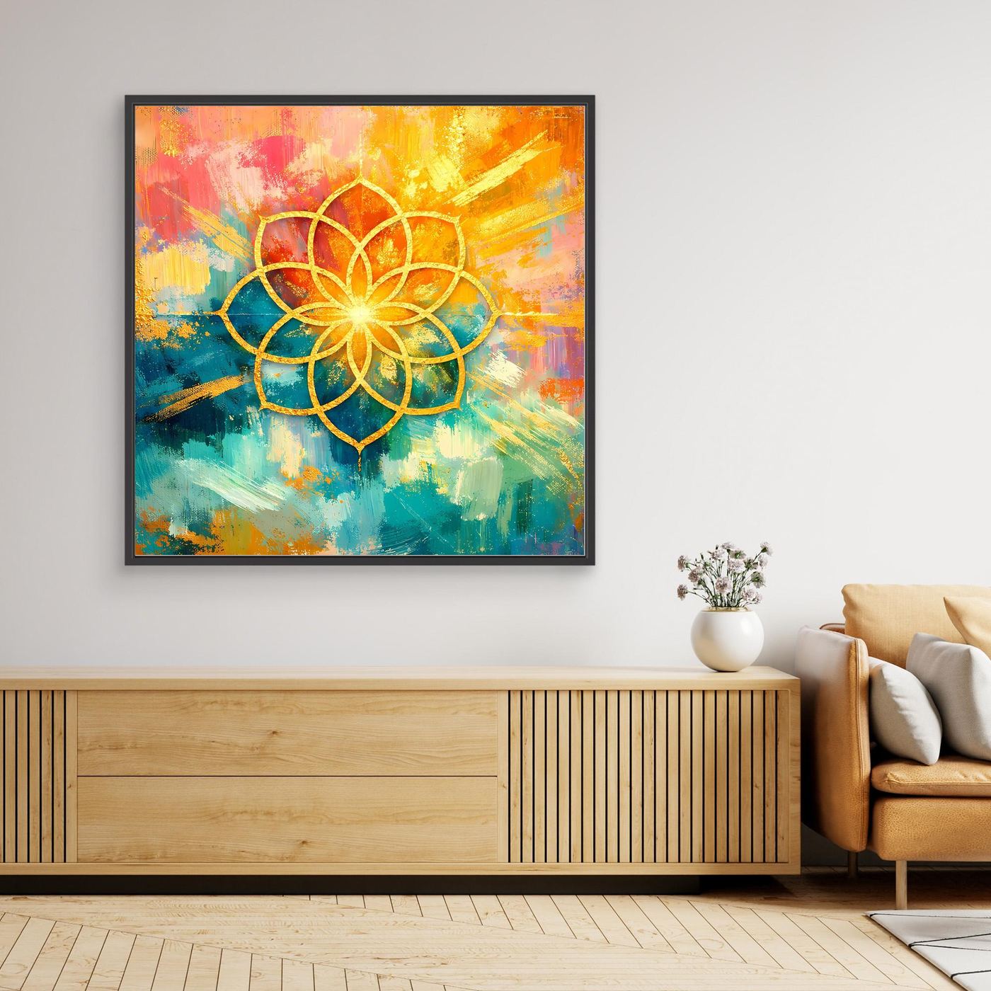 Gerahmtes Leinwandbild im Hochformat mit goldener Blume-des-Lebens-Mandala und Farbspritzern.