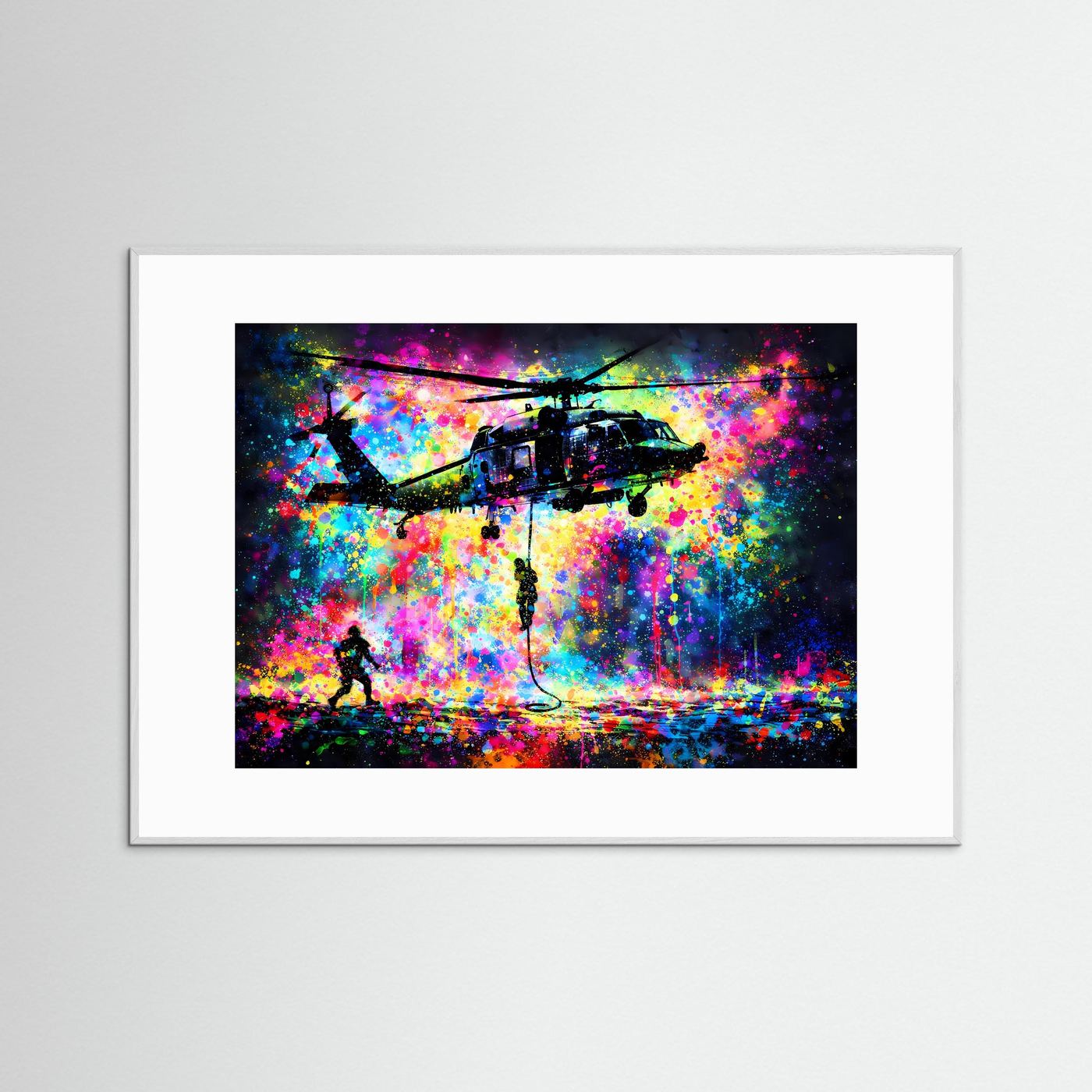 Actionposter mit Hubschrauber im Pop-Art Splash, weißer Rahmen mit hellem Rand