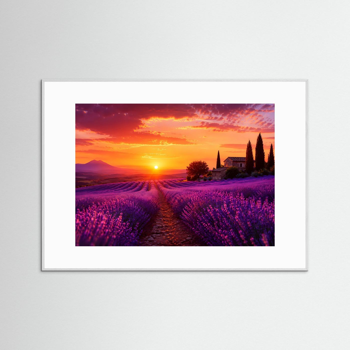 Lavendelfeld bei Sonnenuntergang Poster Querformat | Provence Landschaft in Lila & Orange | Mediterranes Natur Wandbild mit Lavendel