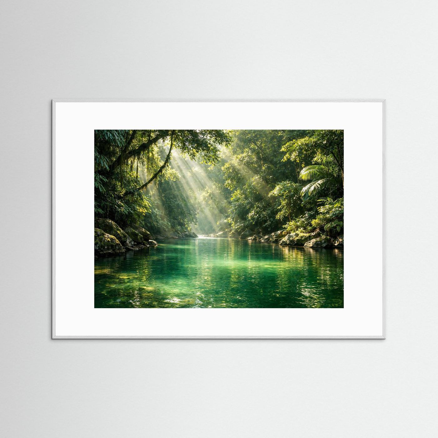 Poster mit Dschungel-Flusslandschaft im weißen Holzrahmen