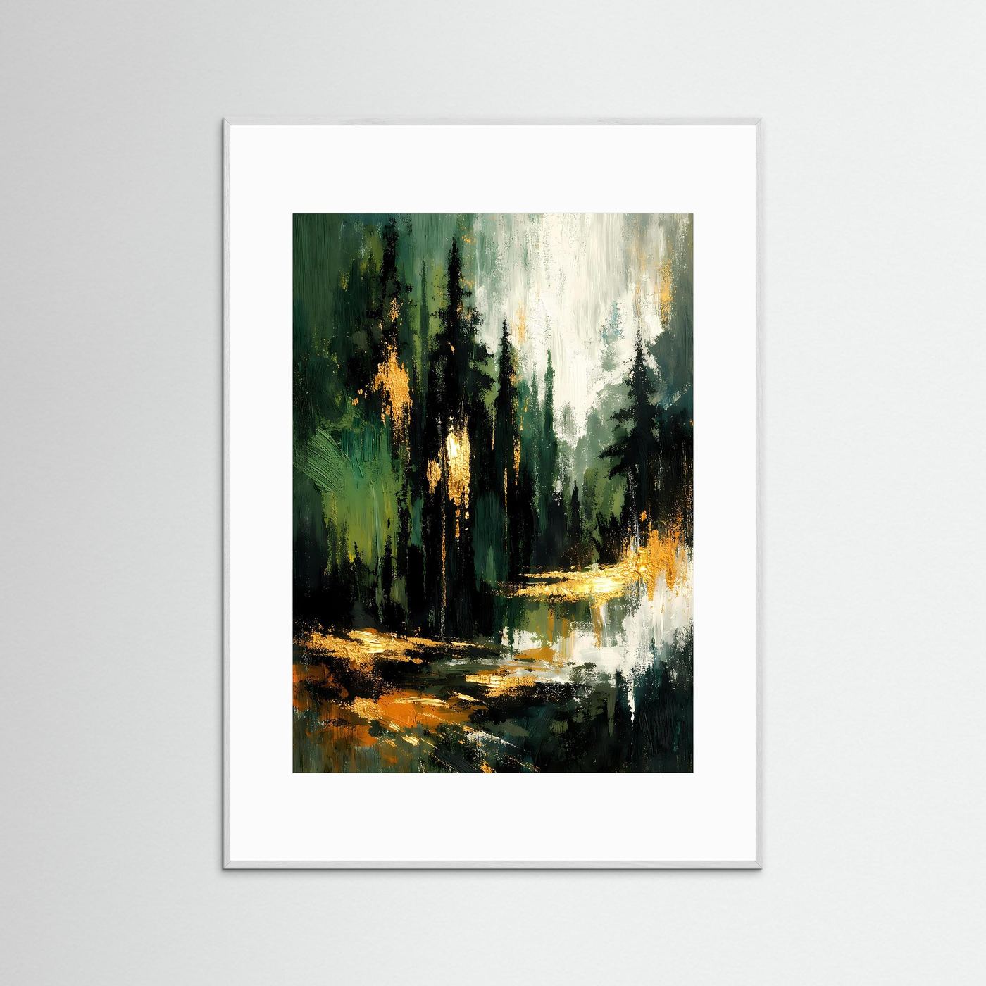 Abstraktes Tannenwald-Poster im weißen Holzrahmen, mit goldenen Lichtspuren