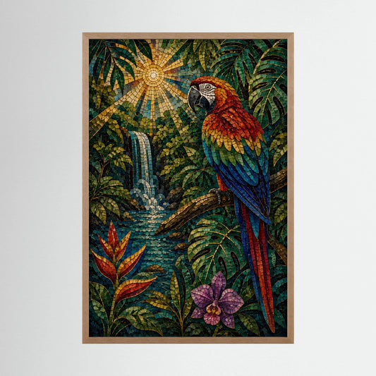 Gerahmtes Hochformat-Poster mit mosaikartigem Papagei im tropischen Dschungel, Sonne
