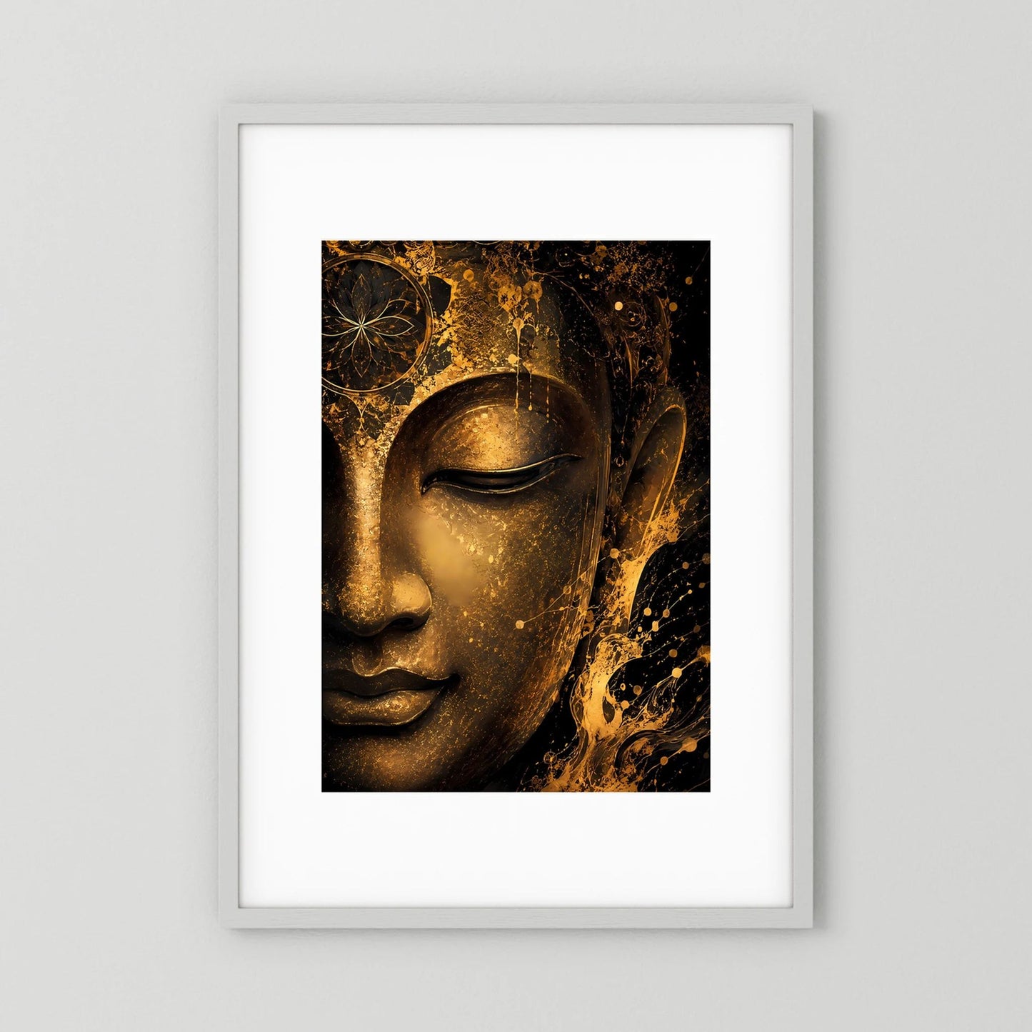 Gerahmtes Hochformat-Poster mit abstraktem Buddha-Gesicht in Schwarz und Gold