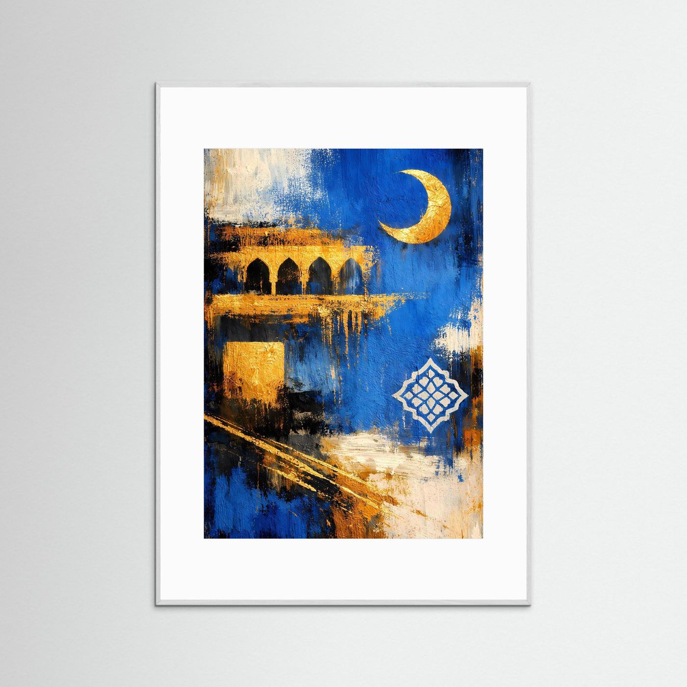 Poster mit abstraktem Mosaik und Sichelmond, hellgrauer Rahmen