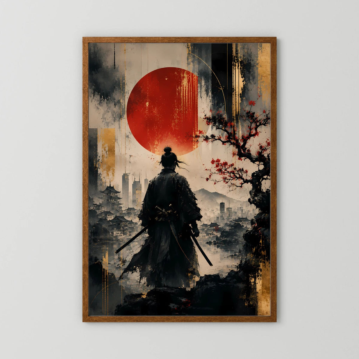 Kunstposter im Holzrahmen: schwarzer Samurai mit Schwert, rote Kreis-Sonne, Baumzweige