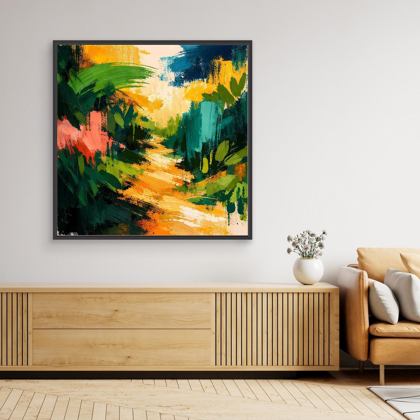 Abstract forest path canvas wall art with black frame, colorful brushstrokes