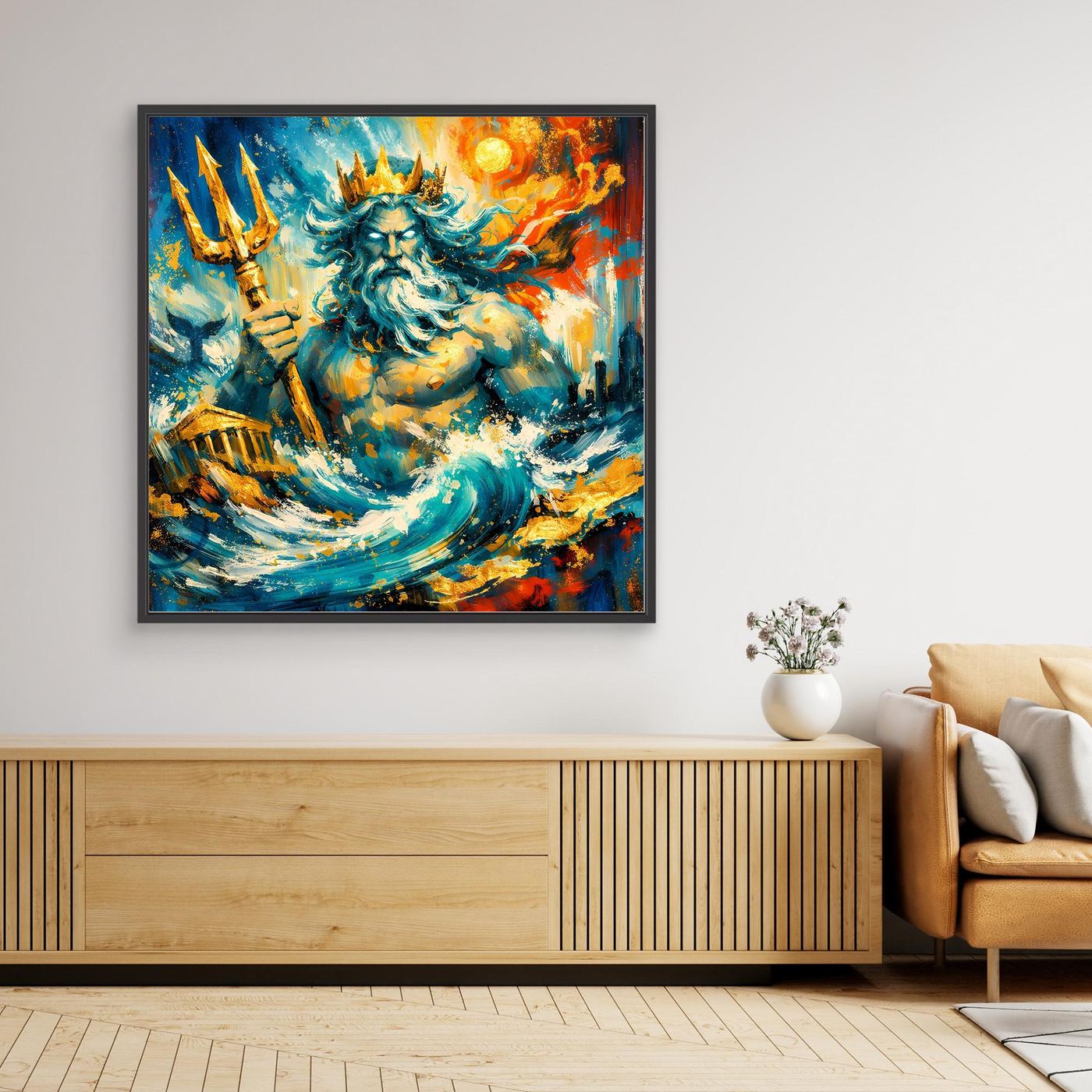 Leinwandbild mit Poseidon, buntes Meeresmotiv, schwarzer Rahmen