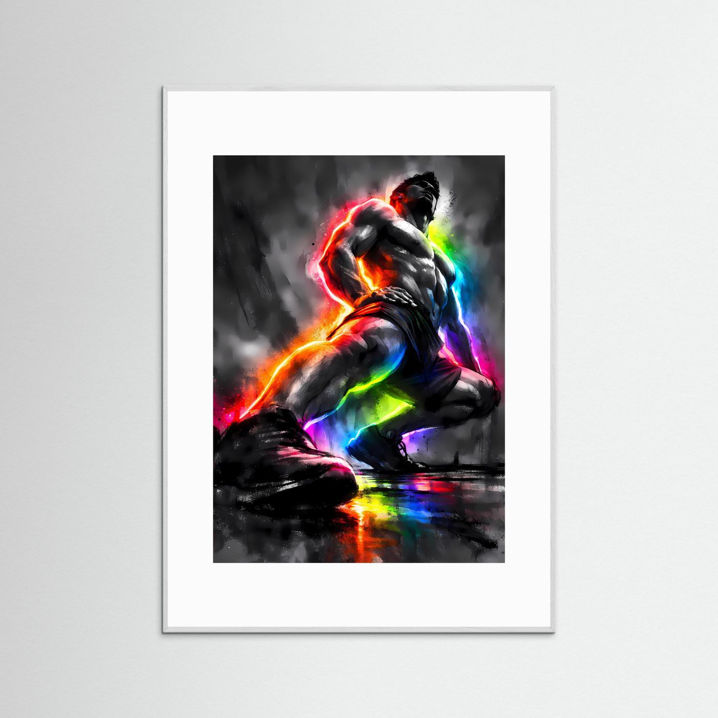 Pure Kraft & Energie | Abstraktes Fitness & Bodybuilding Poster in Regenbogen-Neonfarben | Modernes Kunstposter Hochformat