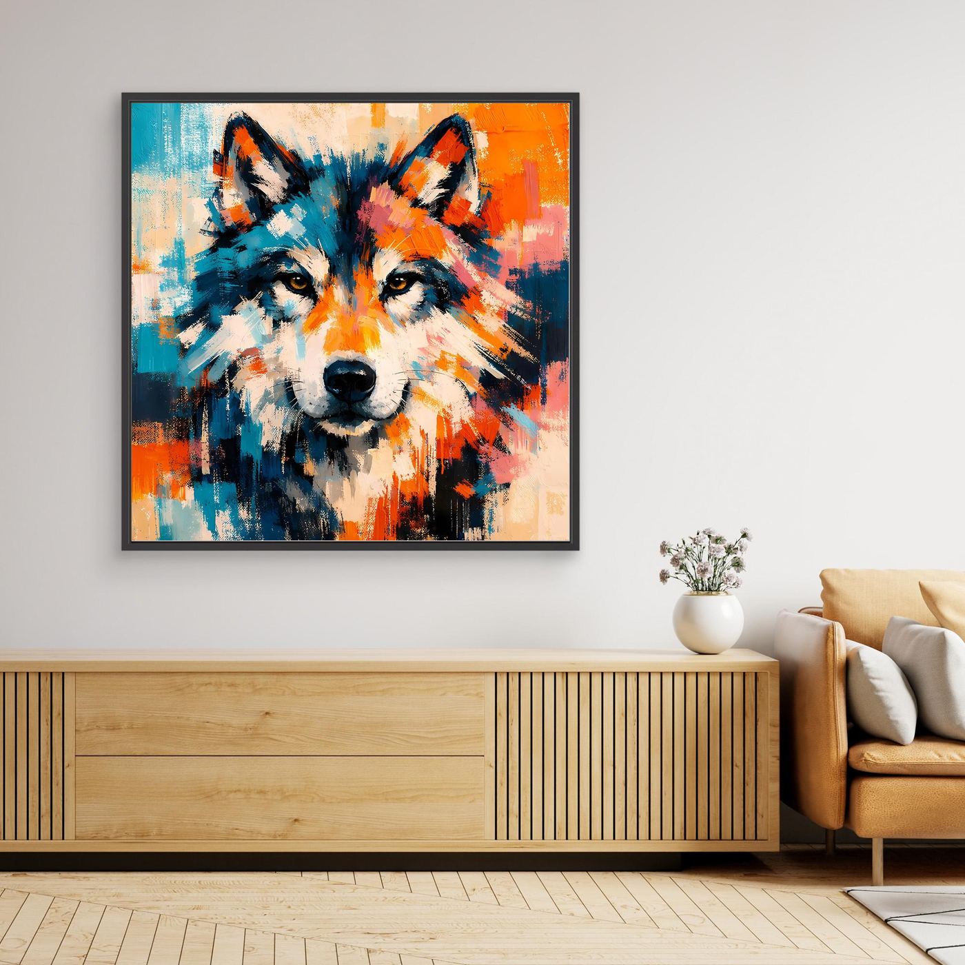 Framed wolf canvas wall art with abstract colorful portrait, dark border, blue and orange tones