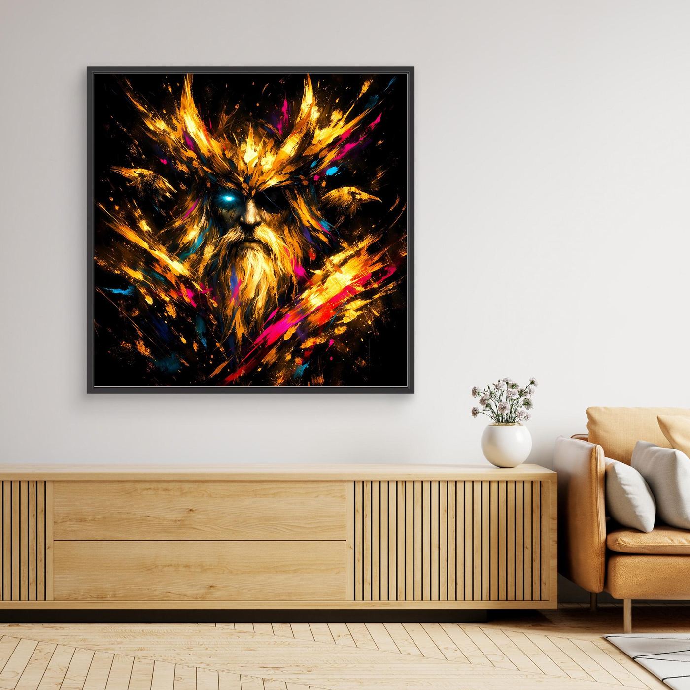 Leinwand Goldener Odin der Allvater mit Raben | Modernes Nordisches Mythologie Wandbild