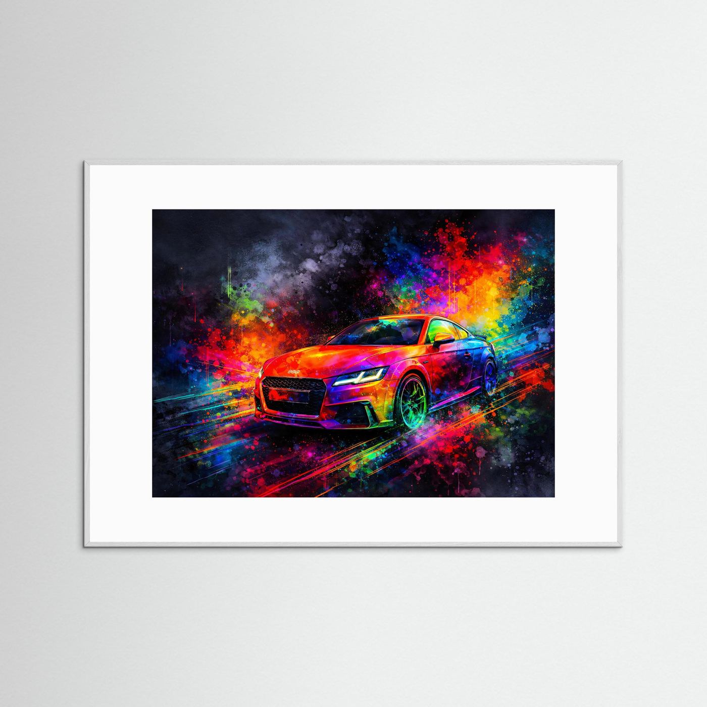 Explosiver Modern Sportwagen | Buntes Neon Auto Wandbild & Kunst Poster Querformat