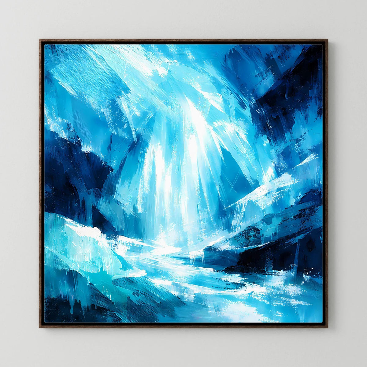 Abstraktes Leinwand-Wandbild mit Eisblau-Motiv im dunklen Holzrahmen