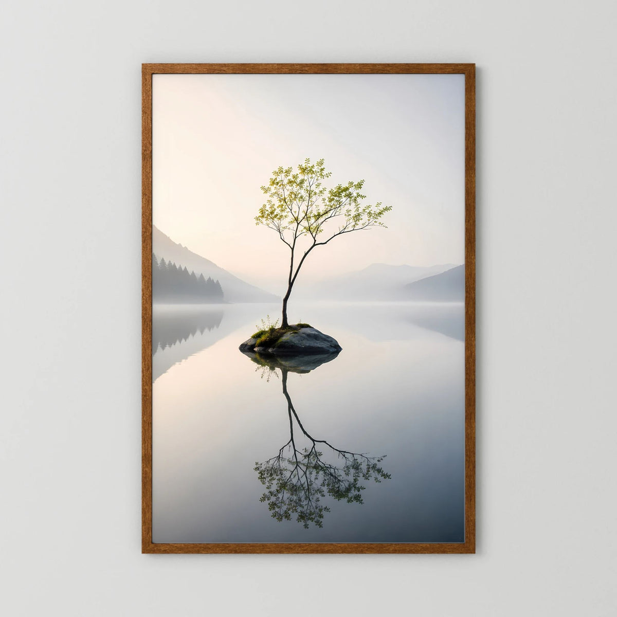 Einsamer Baum im Bergsee | Minimalistische Natur mit Spiegelung | Poster Hochformat