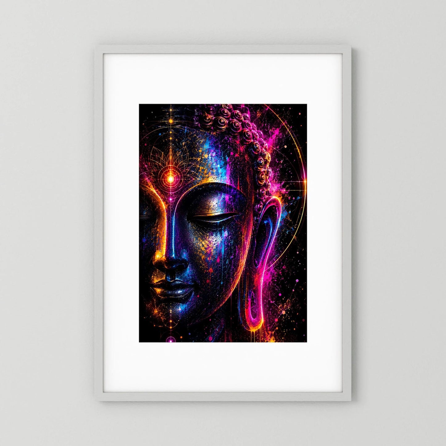 Gerahmtes Poster mit abstraktem Buddha-Gesicht in leuchtenden Neonfarben, Hochformat