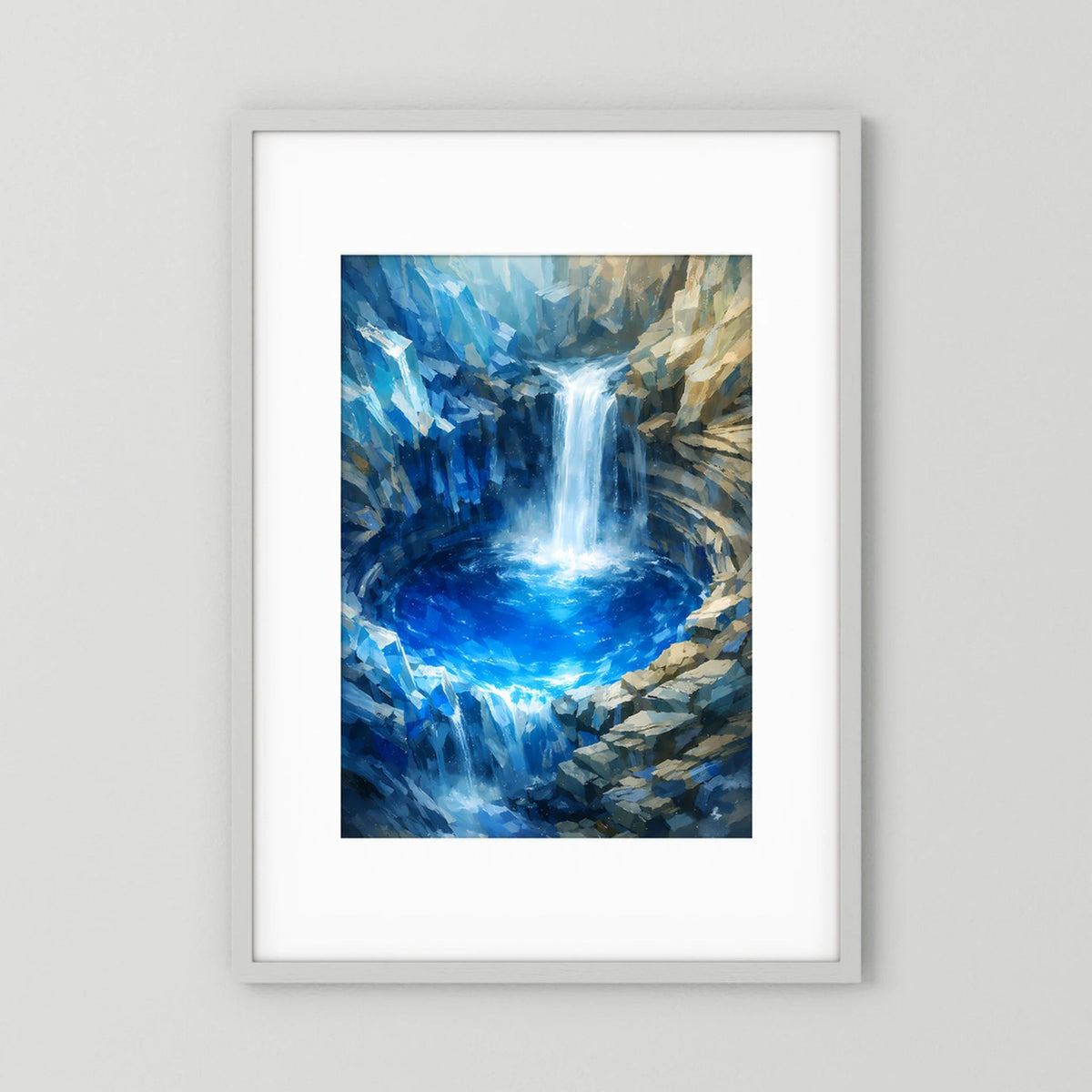 Poster im weißen Rahmen: Wasserfall in Blau und Türkis, abstrakte Felsen.