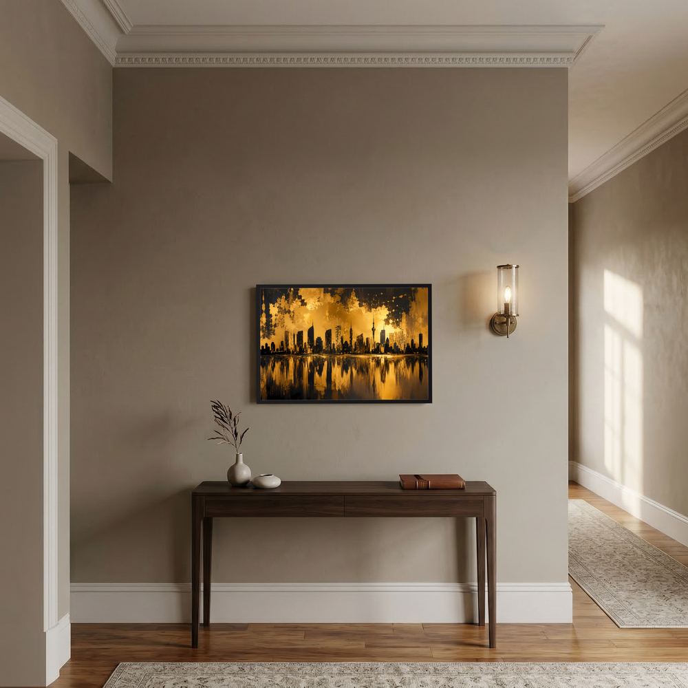 Abstraktes Poster mit schwarzer Stadt-Skyline und goldenen Reflexionen, Querformat