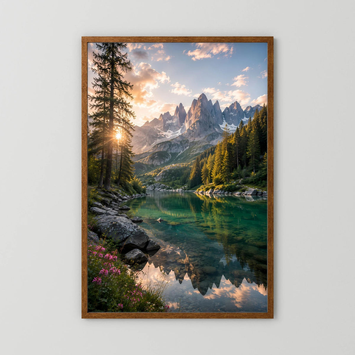 Bergsee im Sonnenuntergang | Alpenlandschaft mit Wald & Spiegelung | Poster Hochformat